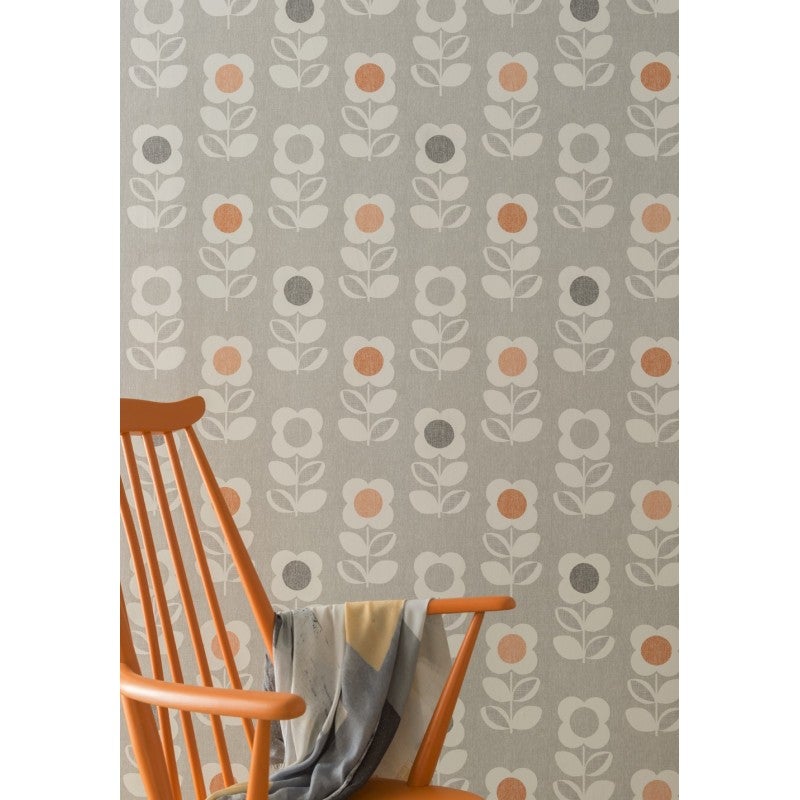 Papel pintado pared flor de estilo retro - retro flower naranja y gris arthouse - rollo de 10 m x 0,53 m