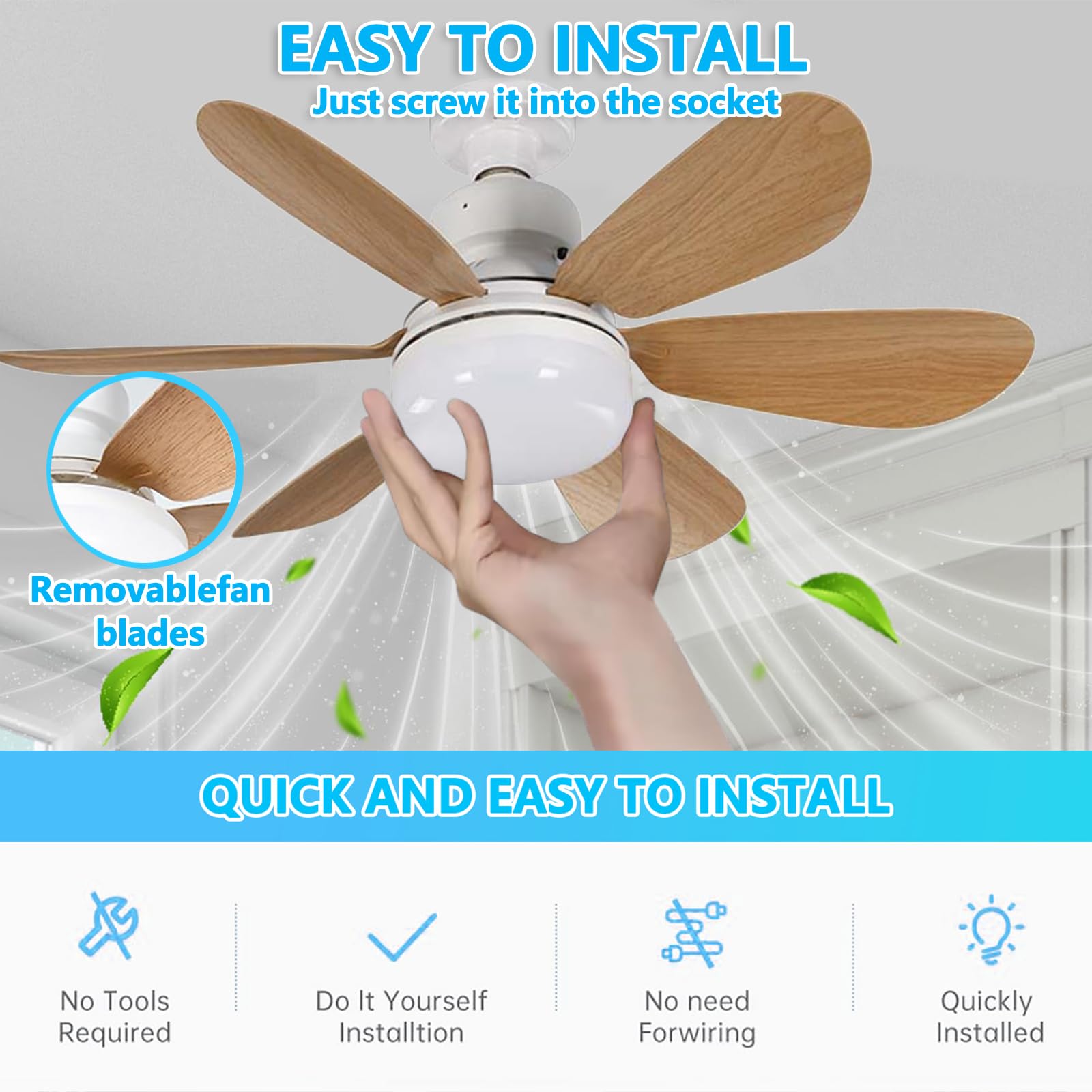 Ventilateur de plafond 2 pièces avec source lumineuse et télécommande, 3000K-6500K, trois vitesses de vent, minuterie, avec culot E27,40W,52cm(marron) - 6