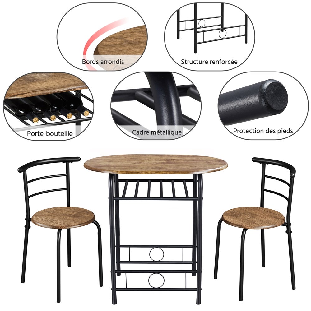 Ensemble Table à Manger Ronde avec 2 Chaises, Ensemble de Meubles 3 Pièces avec Porte-Bouteilles, Brun Clair Yaheetech - 7
