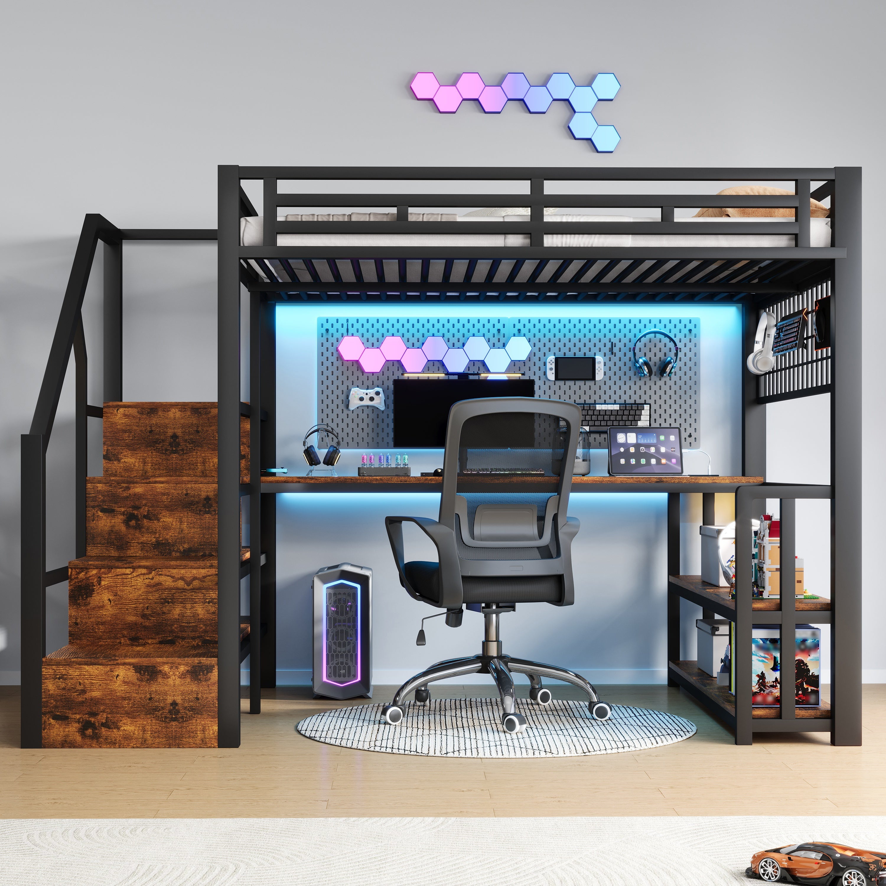 Lit mezzanine 140x200 cm avec bureau, étagères, rangements suspendus, éclairage LED, escalier tiroirs, 2 USB + Type-C, métal, noir - 2