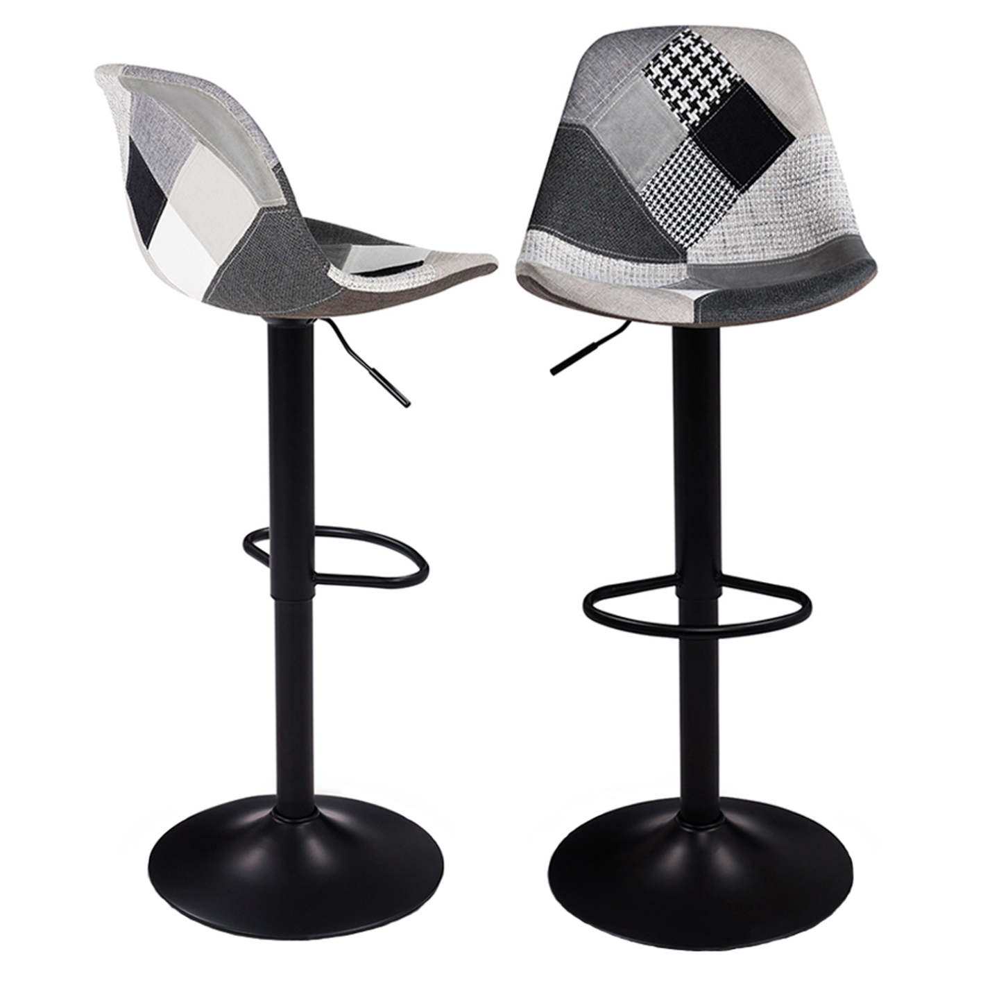 Lot de 2 tabourets de bar KARL design patchworks noirs, gris et blancs pied noir - 2