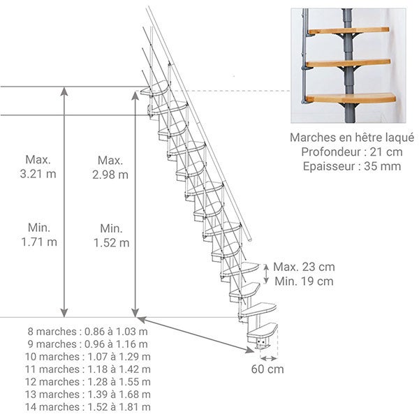 Escalier droit 13 marches - Hauteur à franchir 2.66 à 2.98m - Largeur 65cm - Structure noire et marche hêtre - QUATR65/I-NB-13 - 2
