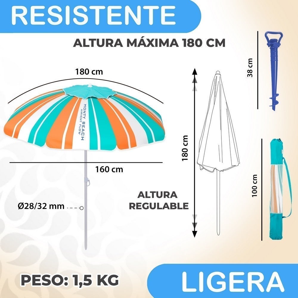 Sombrilla playa 180 cm y soporte arena, protección UV+50, Rayas multicolor MONTY - 2