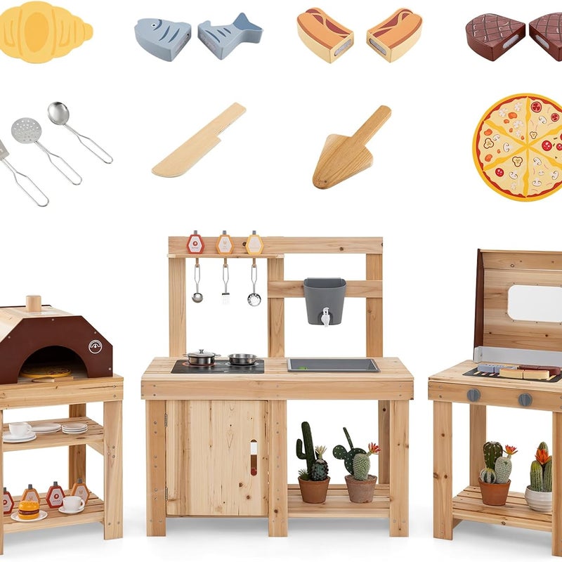Kuchnia dla Dzieci z Drewna Sosnowego, 3-Częściowy Zestaw Kuchenny z Grillem, Piecem do Pizzy, Zlewem, Edukacyjny Prezent dla Dzieci Powyżej 3 Lat