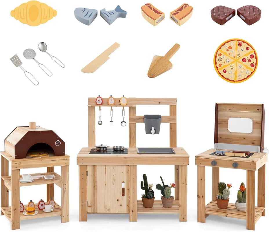 Kuchnia dla Dzieci z Drewna Sosnowego, 3-Częściowy Zestaw Kuchenny z Grillem, Piecem do Pizzy, Zlewem, Edukacyjny Prezent dla Dzieci Powyżej 3 Lat