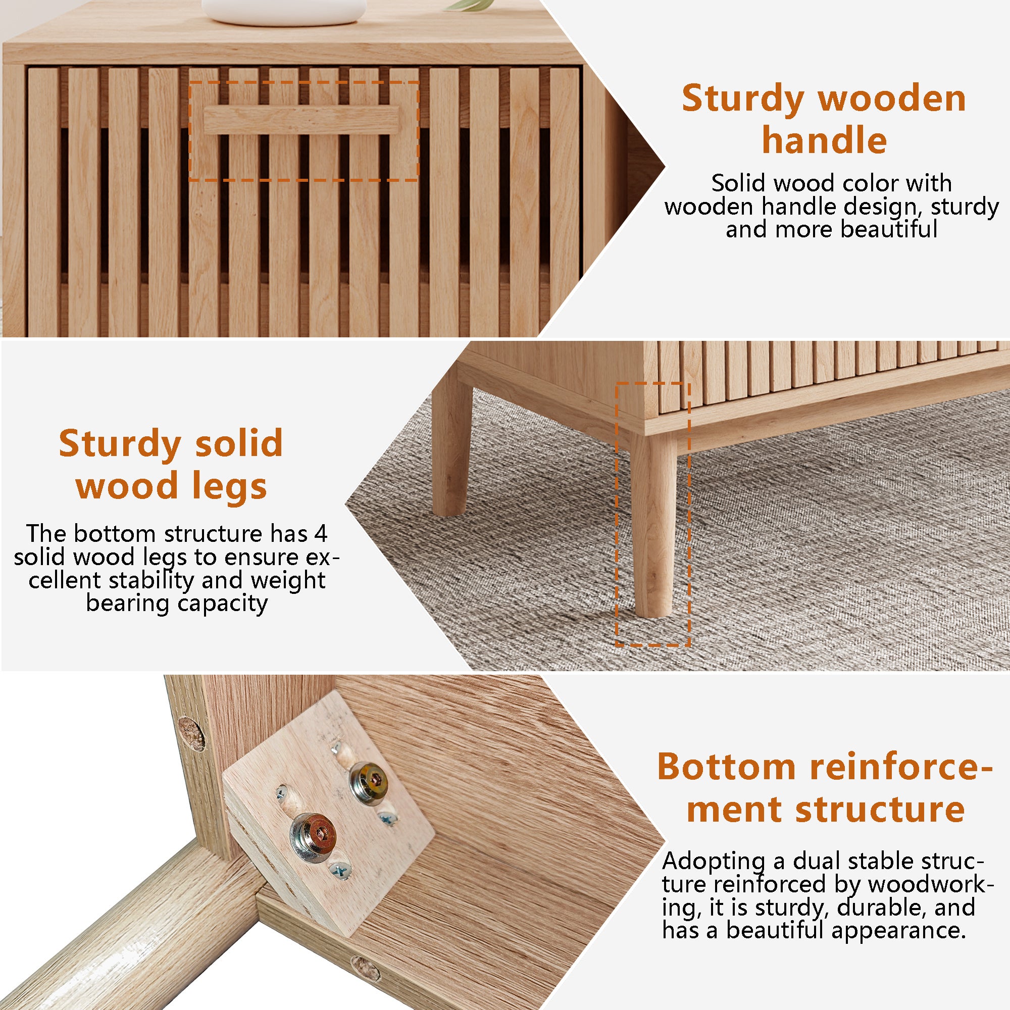 Table basse, pieds en bois massif, poignées en bois, structure en bois, table d'appoint, table basse en bois - 5