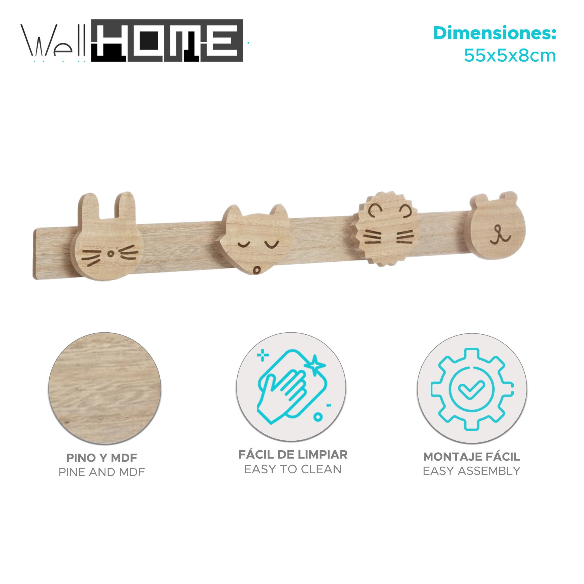 WELLHOME Perchero infantil WILD en madera ganchos 55x5x8 cm