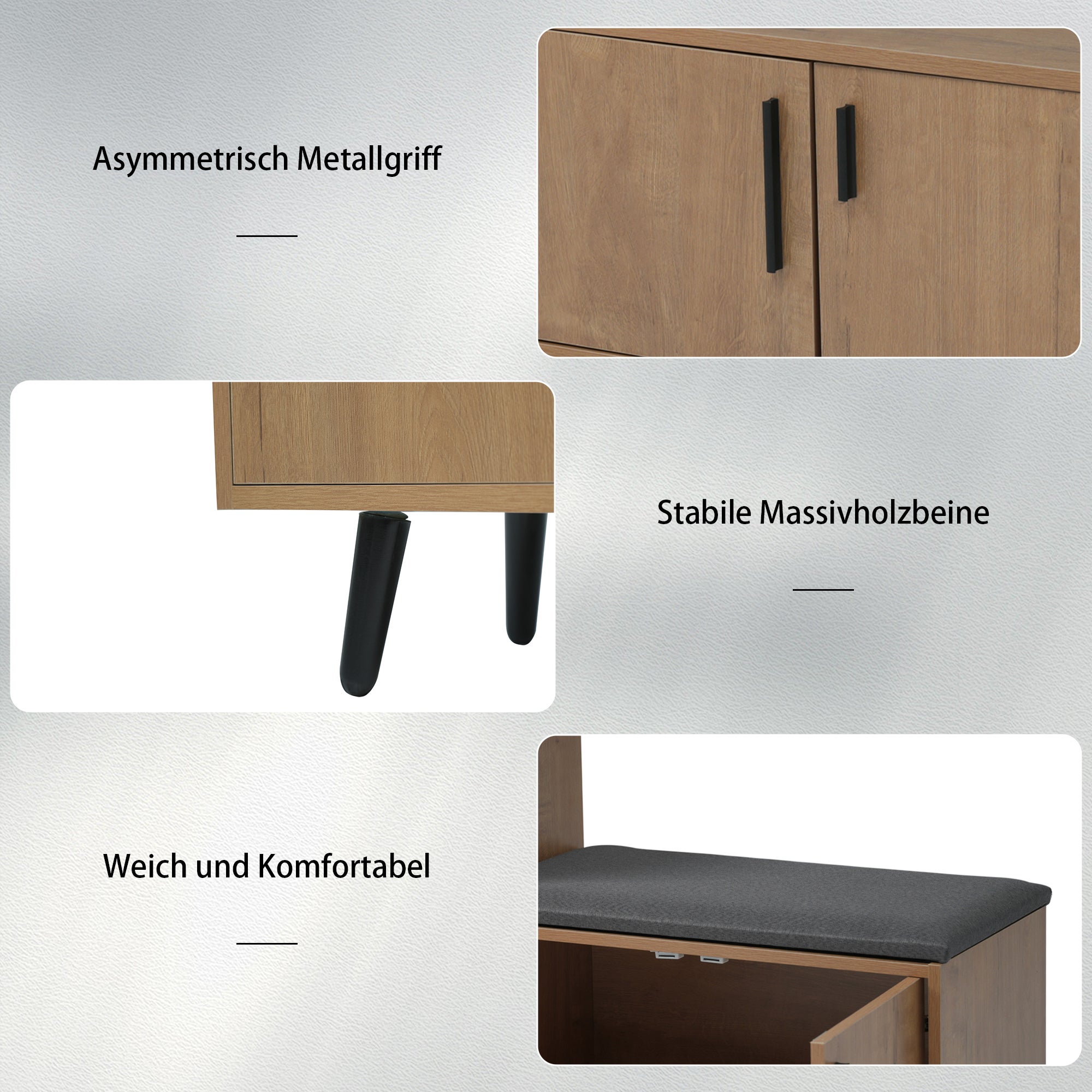 Banc à chaussures avec Rangement 100x34x69 cm, Structure en Bois et Poignées Métal Asymétriques 9 paires, Meuble range-chaussures 3 portes, Naturel - 6