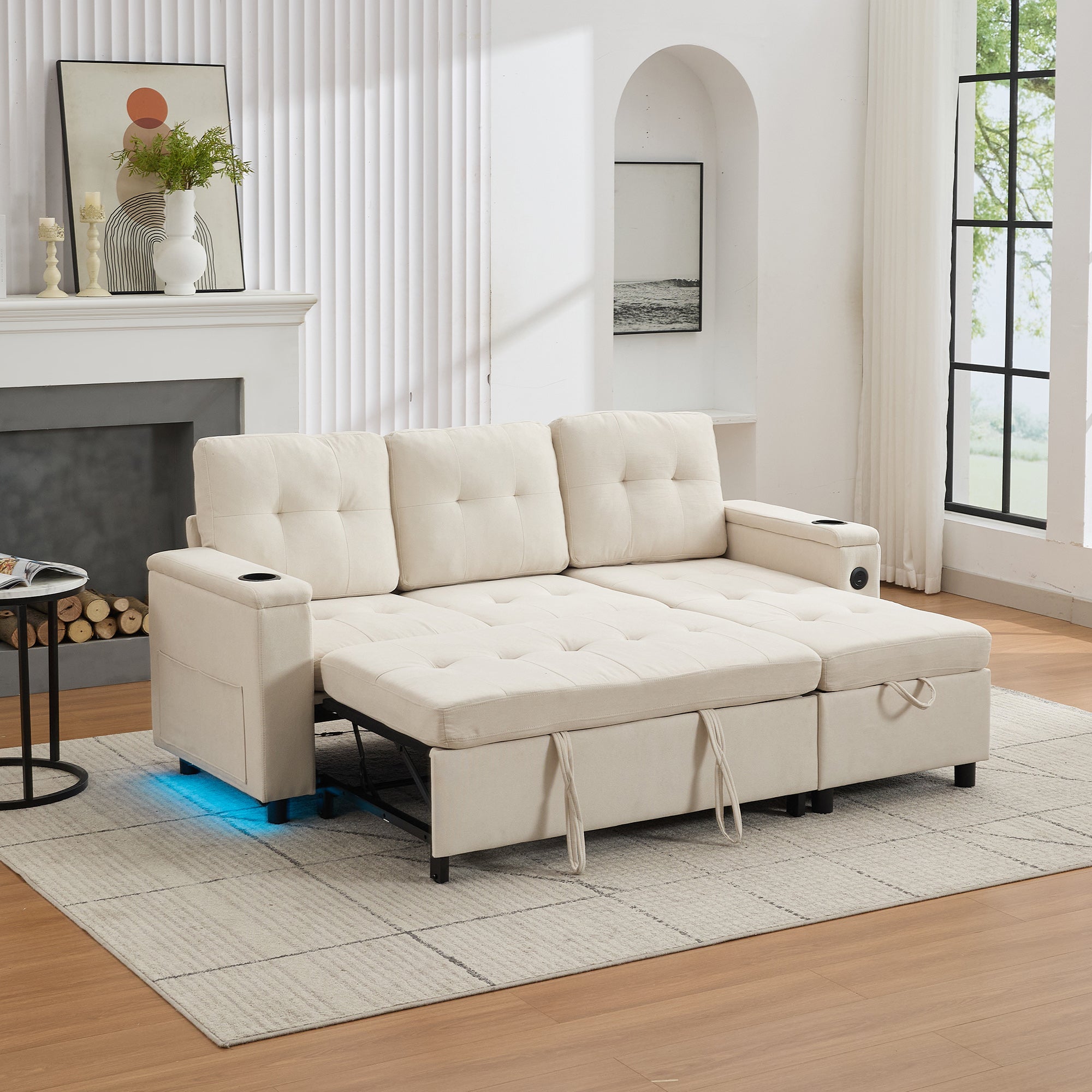 Sofa narożna 3-osobowa z funkcją spania - 208 x 146 x 89,5 cm - Diody LED i gniazdo ładowania - Wyściółka z włókniny i pianki - Beżowa - 2