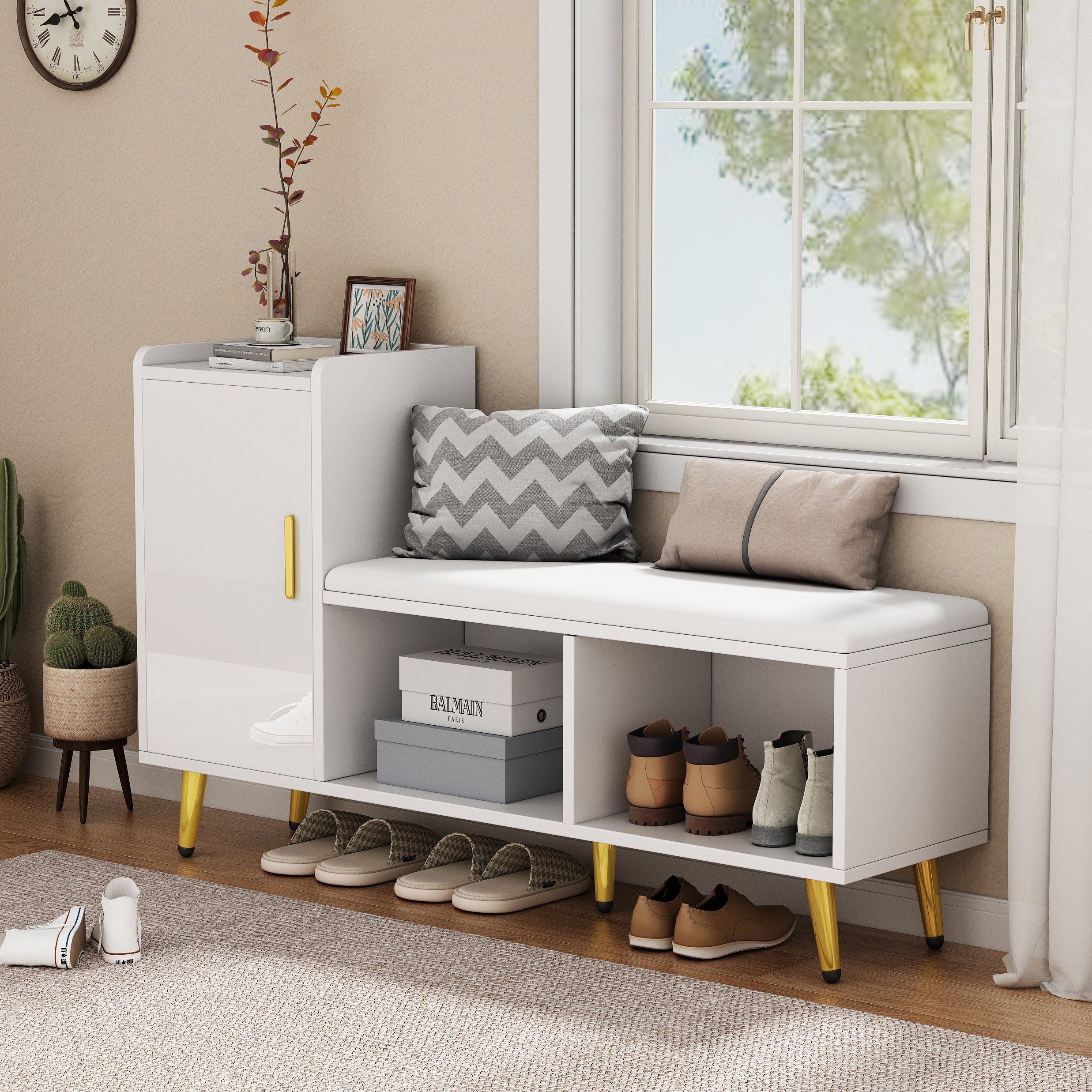 Panca portascarpe con 1 anta, 2 nicchie e cuscino - gambe e maniglie in metallo dorato - Bianco - 120 x 35 x 68,5 cm - 6