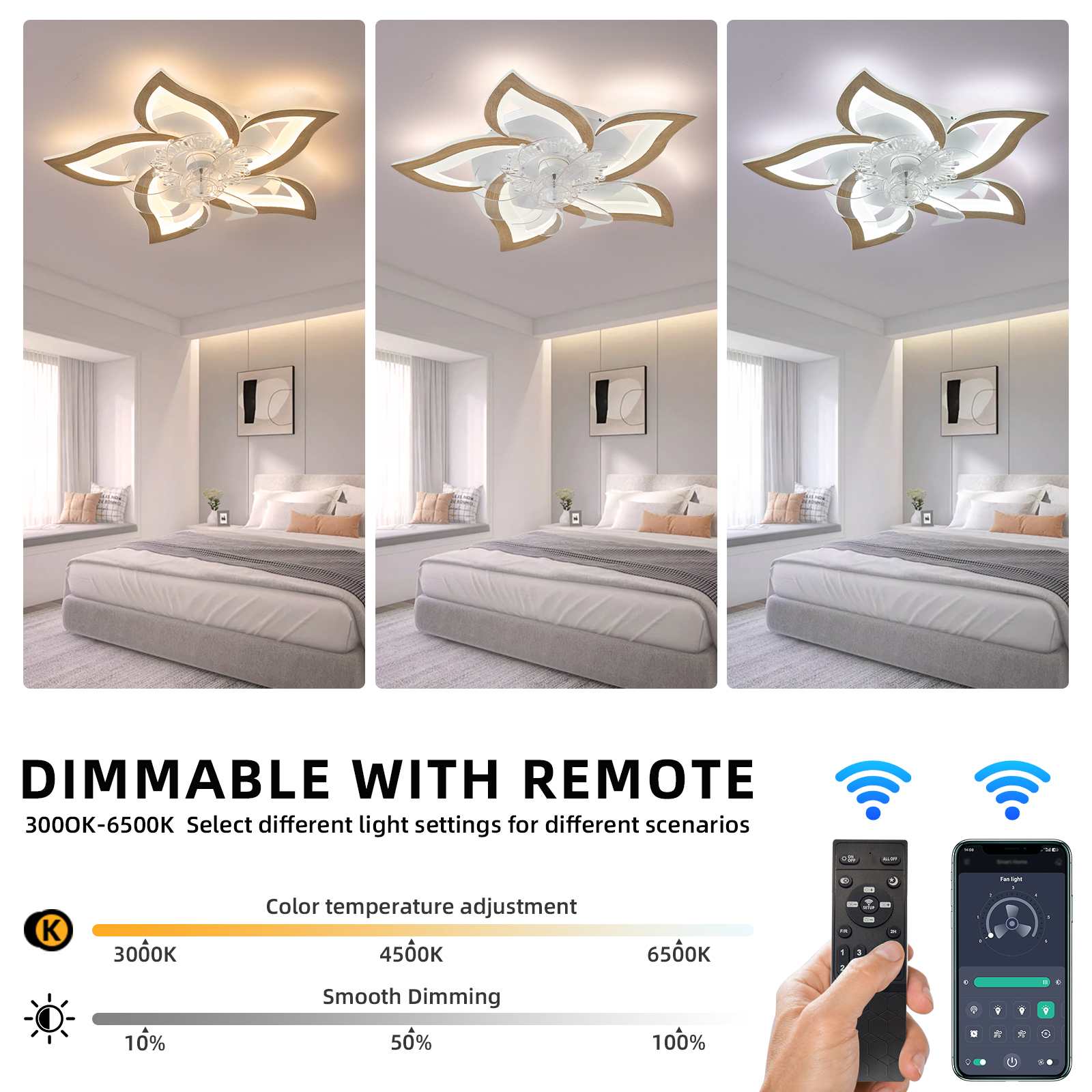 Ventilateur lumineux caché en forme de fleur | Lampe de plafond intelligente avec télécommande et réglage de couleur | Pour 10-15 m² - 3
