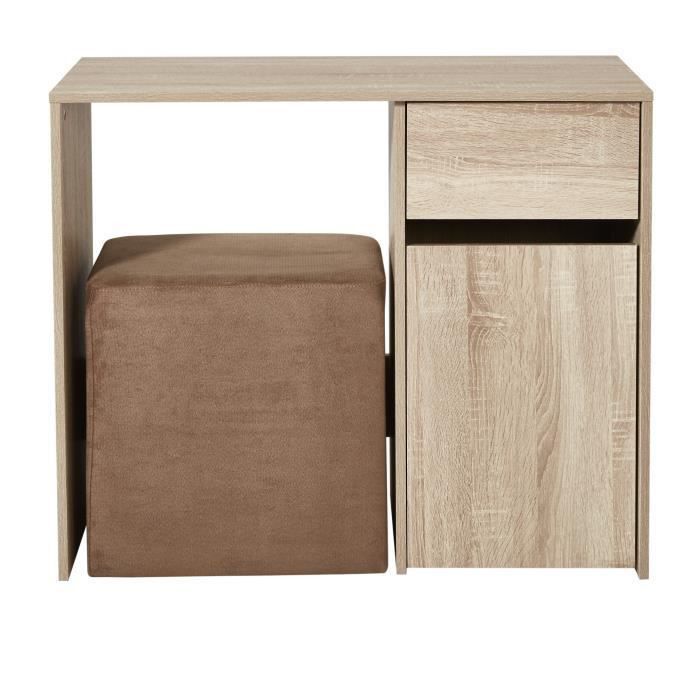 Bureau bois MDF 1 tiroir 1 porte + 1 pouf tissu Taupe - L 90 x P 40 x H 75 cm - ALICE - 2