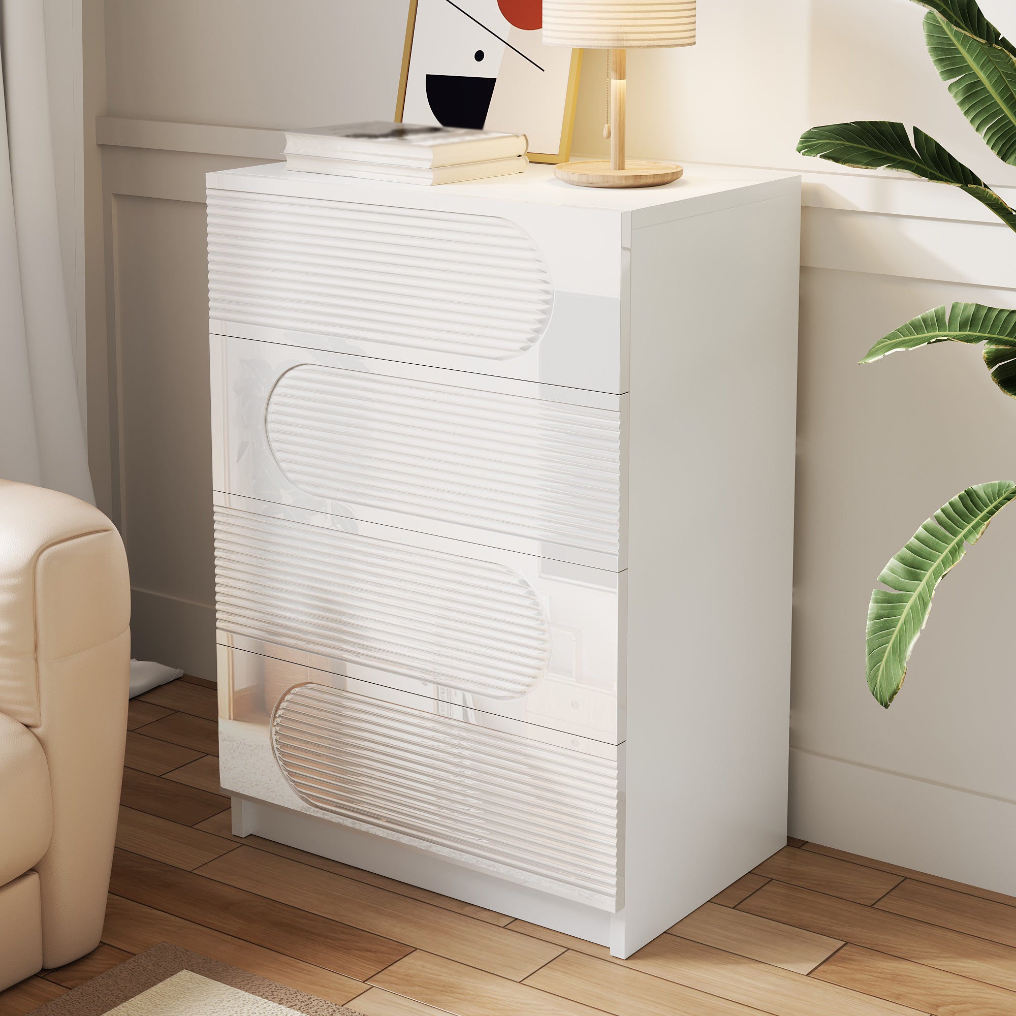 Nowoczesna komoda 60 x 38,5 x 85 cm - regał z 4 szufladami - wykończenie na wysoki połysk - płyta MDF + płyta wiórowa - biały - 3