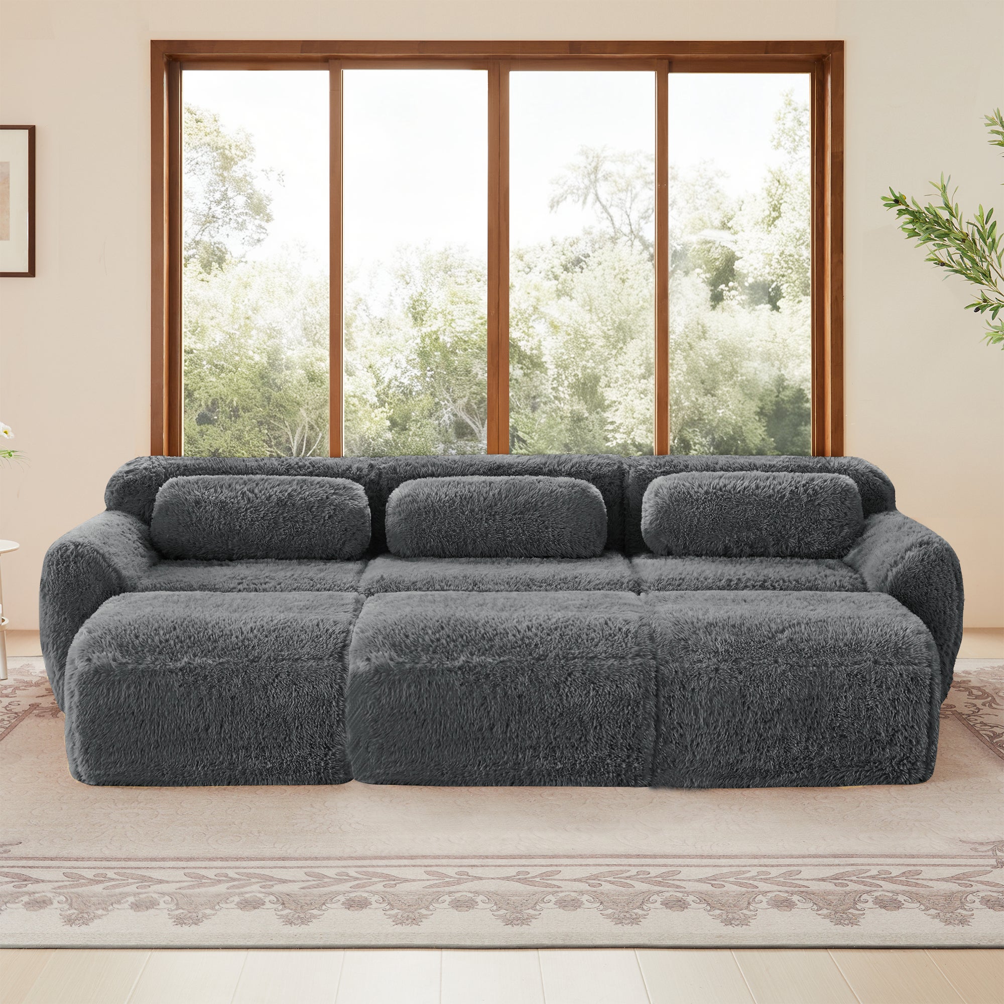 Canapés Cloud sans os, tissu peluche doux, canapé-lit modulable avec 3 poufs, canapé 3 places, canapé confortable pour le salon, gris - 2