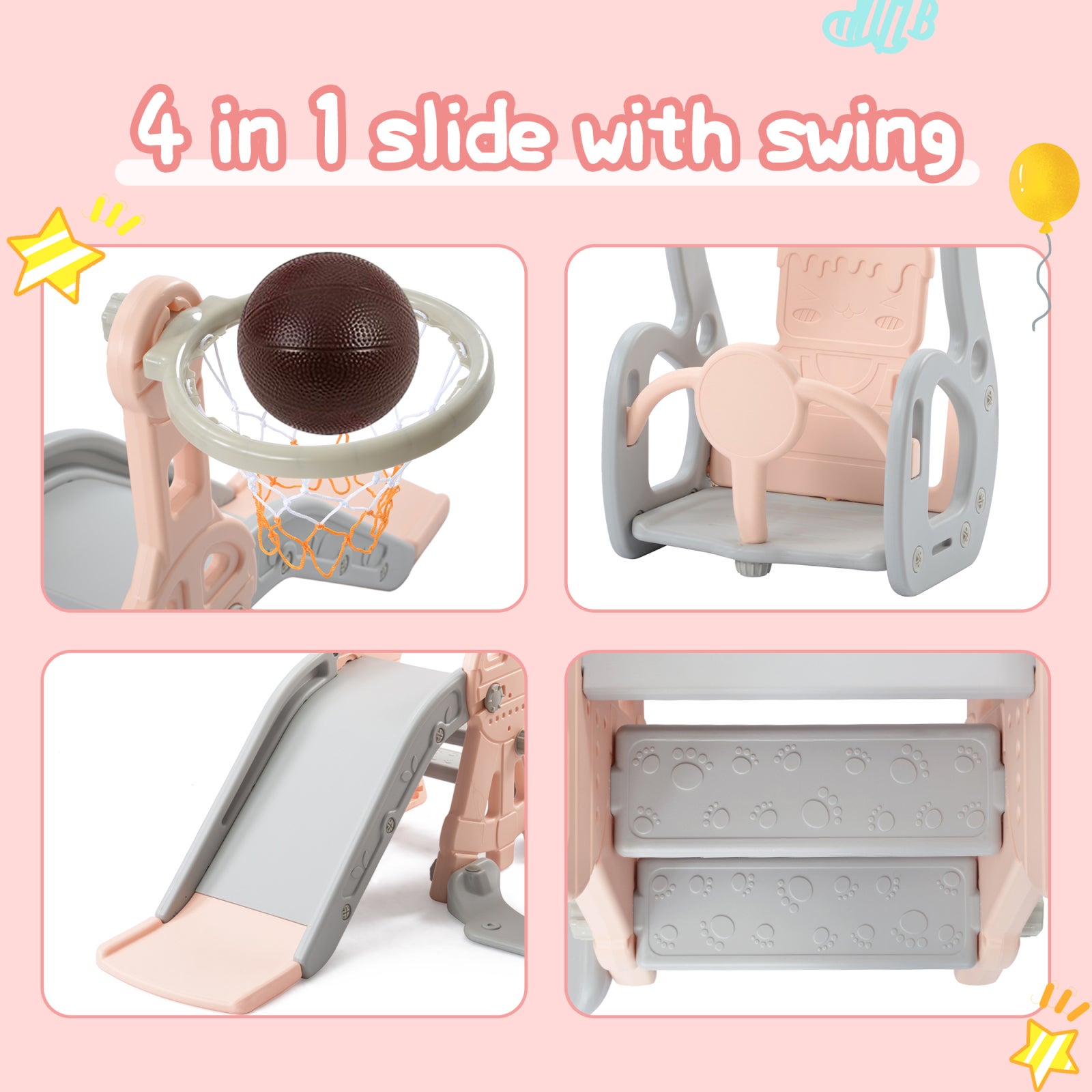 Toboggan pour Enfant 4 en 1 avec Panier de Basket,Enfant Balançoire Toboggans, échelle d'escalade, Aire de Jeux Intérieure et Extérieure, Rose - 3