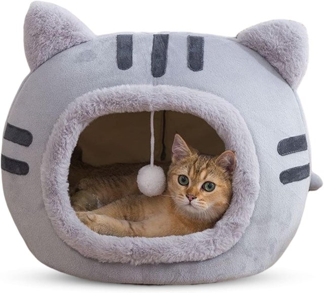 (Tamanho M) Casa para gato de interior semi-fechada e lavável com tapete removível, fundo antiderrapante, quente e confortável, adequada para animais