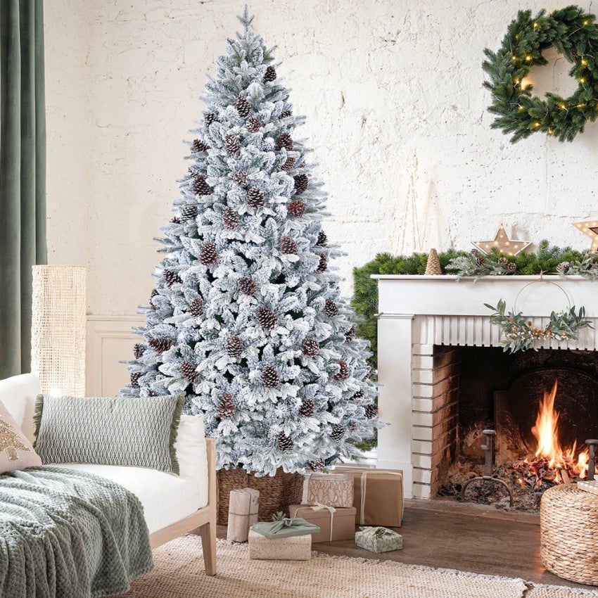 Albero Di Natale Artificiale Bianco 210 Cm Con Neve, Pigne E Bacche Rosse - Ignifugo, Montaggio Rapido, Supporto Incluso - 2