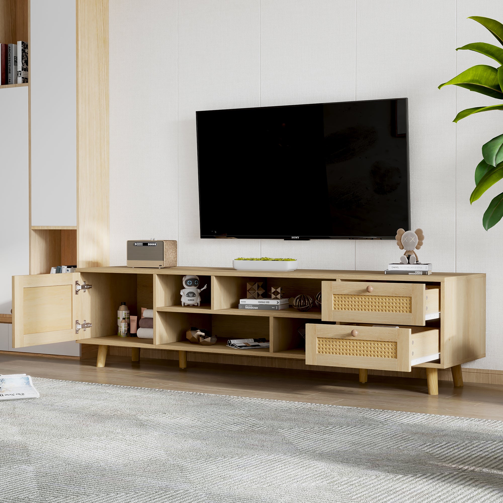 Meuble TV, Banc TV 160 cm avec 2 tiroirs, 1 porte & 4 compartiments, Pour les TV jusqu'à 70