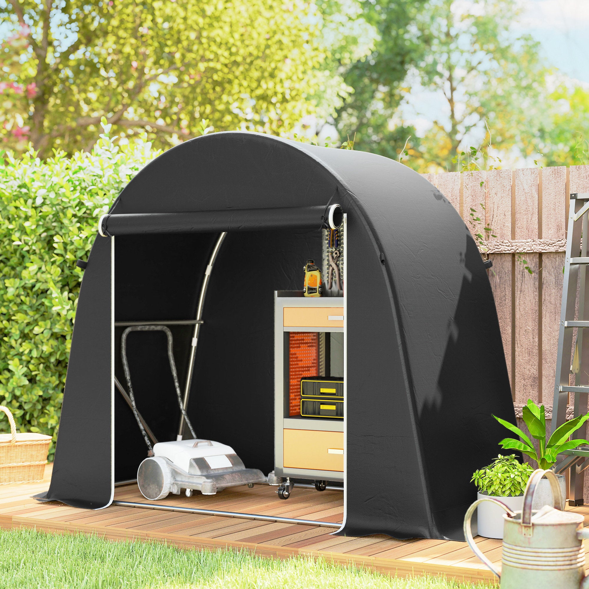 Cabanon de jardin portable, tente à vélo, porte éclair roulettes, cadre métal, housse plastique, rangement polyvalent, gris foncé - 3