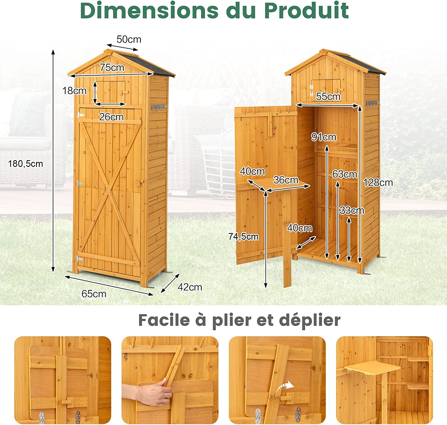 Armadio da Esterno in Legno, Casetta da Giardino con Serratura, Tavolino Pieghevole e Ganci, Capanni da Esterno per Patio, Giardino e Cortile, - 5