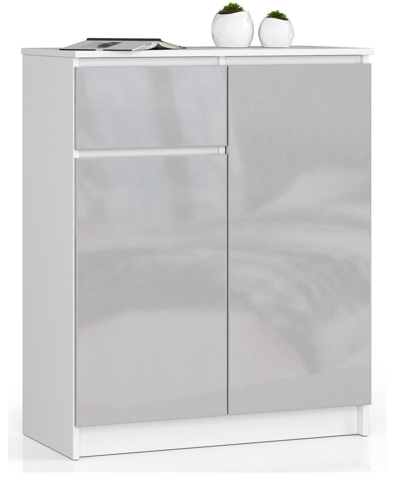 Komoda: 1 szuflada, 2 drzwi, 4 półki, biała | metaliczny połysk, 80 x 99 x 40 cm