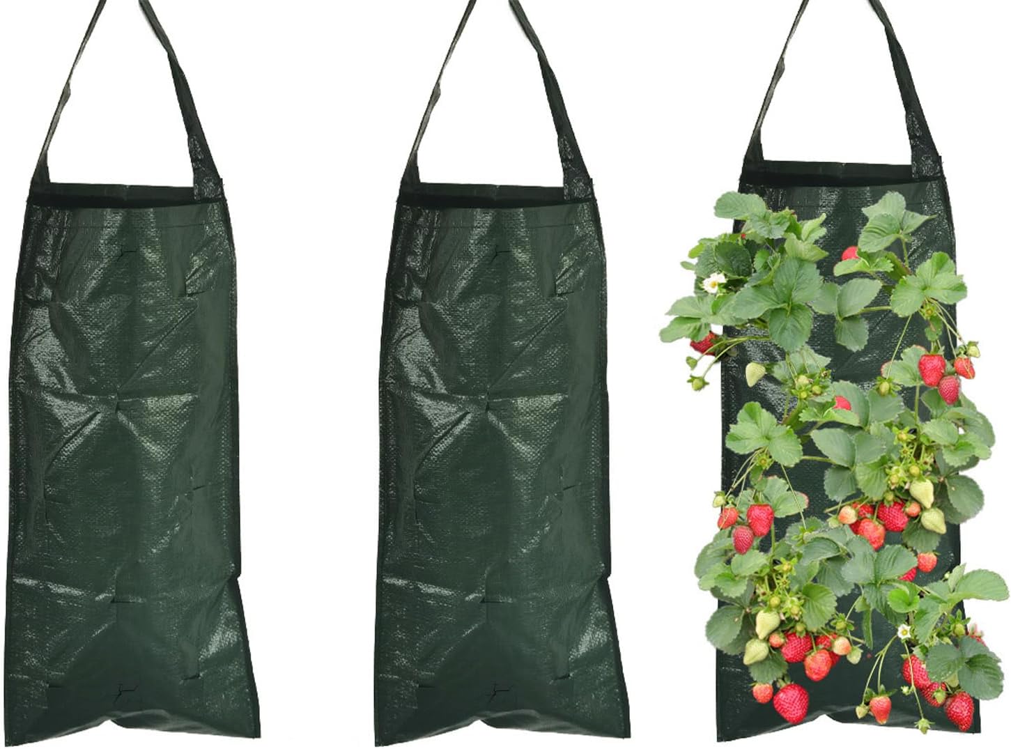 3-częściowe worki na rośliny, 10-otworowe oddychające worki do sadzenia, pionowy wiszący worek na truskawki, pomidory, warzywa (ciemnozielony)