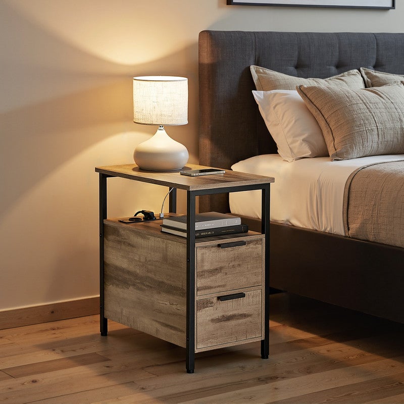 Table d’Appoint avec Prise Intégrée, 2 Tiroirs, pour Salon et Chambre, Marron Camel et Noir - 3