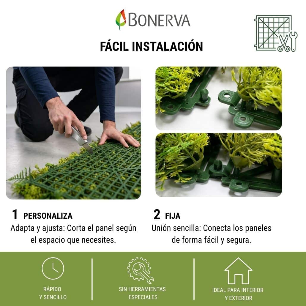 Bonerva | Jardín Vertical Artificial Creta | Pack 3 Piezas 50x50cm (0,75m²) | Diseño Exclusivo | Planta artificial decoración oficina, hotel, bar - 8