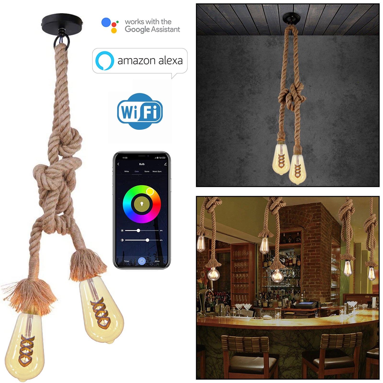 Smart doble cuerda colgante 2 lámparas inteligentes led glass e27 10w wifi rgb 1800k suspensión vintage regulable alexa google luz decorativa