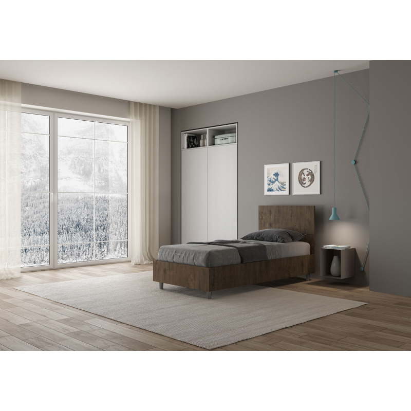 Lit en bois avec tête de lit inclinée Renoma-Couleur Marron Foncé-80x200 - 2