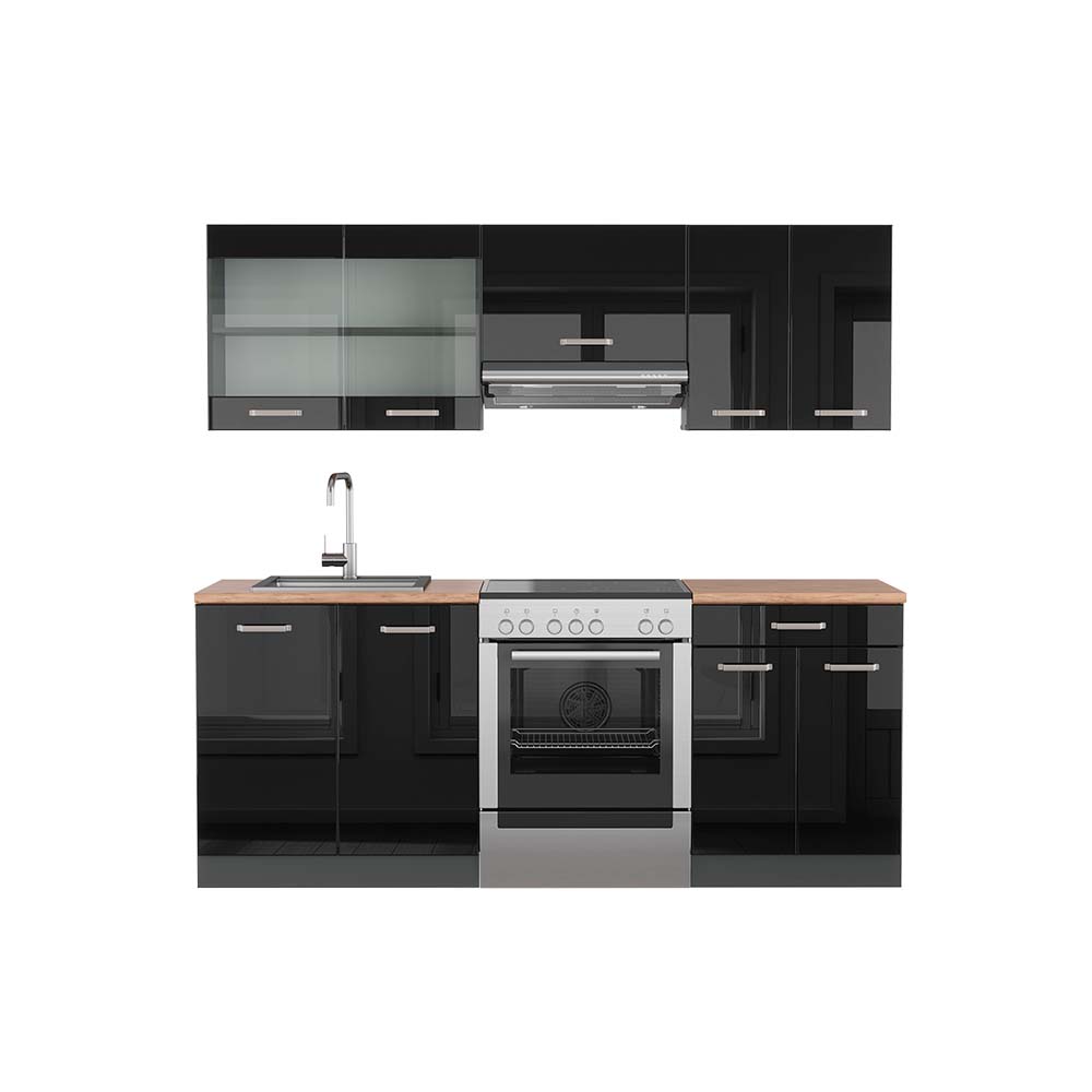 Vicco Aneks kuchenny R-Line, Czarny/antracyt o wysokim połysku, 200 cm , BP Dąb