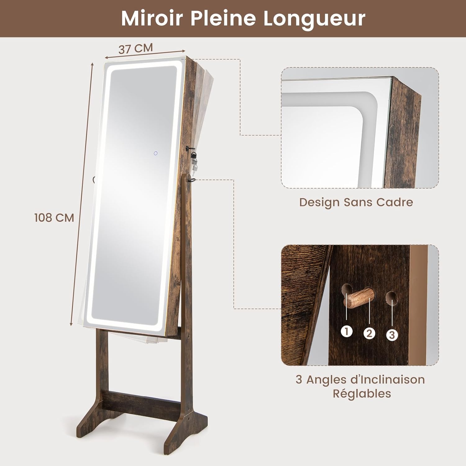 Armoire à Bijoux avec Miroir, Armoire de Rangement sur Pied pour Boucles d'Oreilles, Organisateur de Bijoux Verrouillable avec Lumières(Marron) - 7