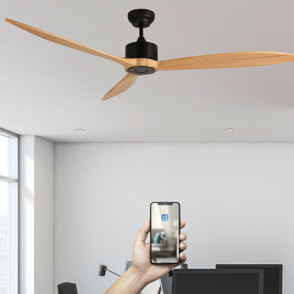 Brasseur D'air Plafond 164cm SALAZIE - Moteur DC Silencieux 38W Avec Lumière LED - Commandé Par Wifi, Voix Ou Télécommande