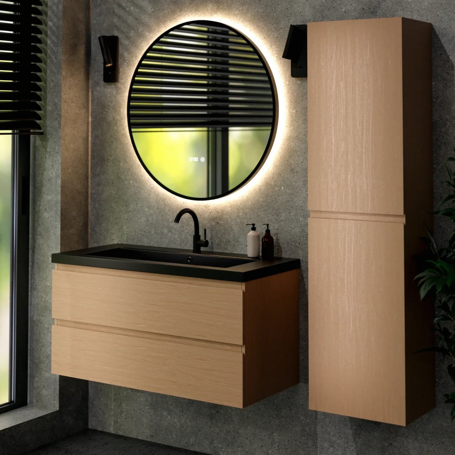 Meuble de salle de bain Sena - 100 cm - Chêne clair - Vasque noire - 4