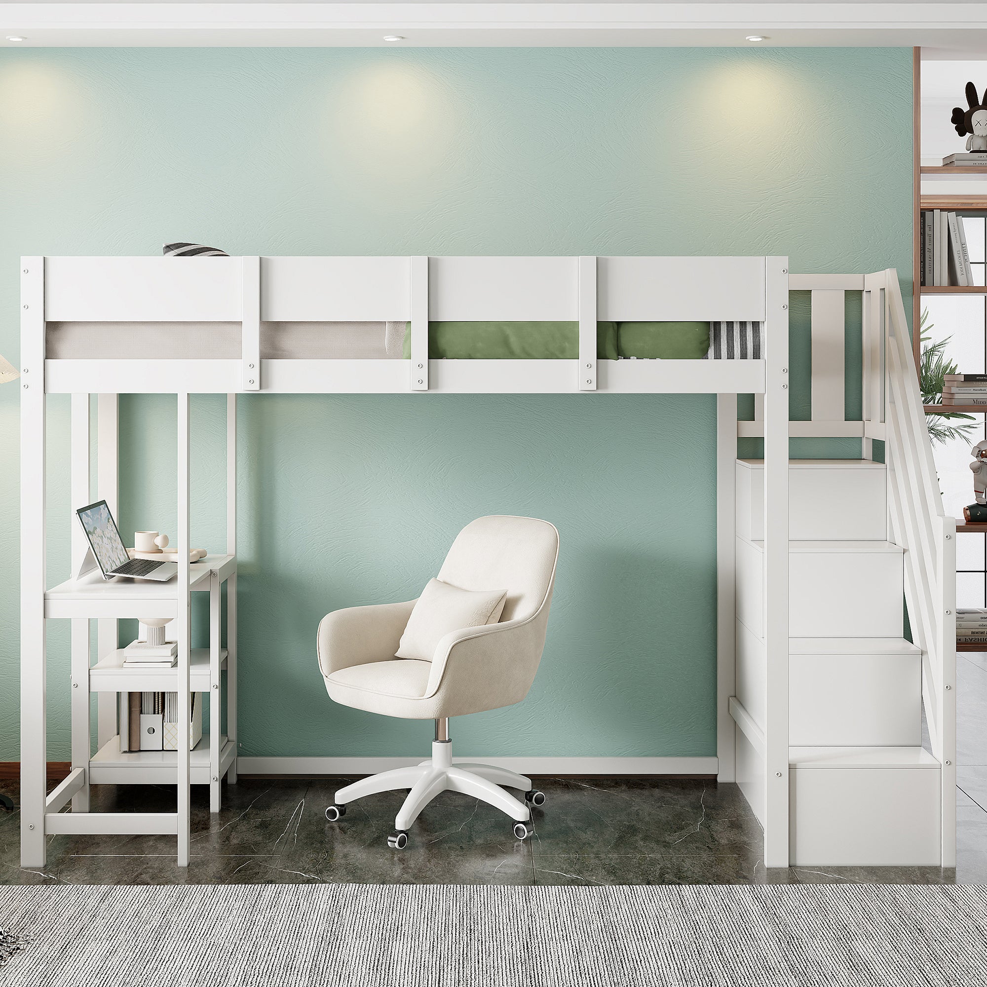 Letto a castello con contenitore, letto a soppalco con ripiano 90 x 200 cm, struttura del letto in legno massello di pino con rete a doghe, bianco - 3