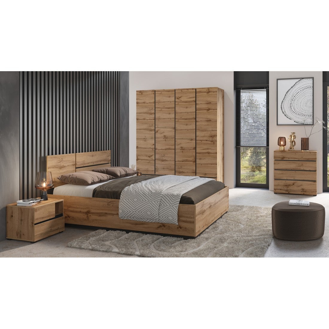 Chambre complète MELODY – Lit coffre 180x200 + armoire + commode