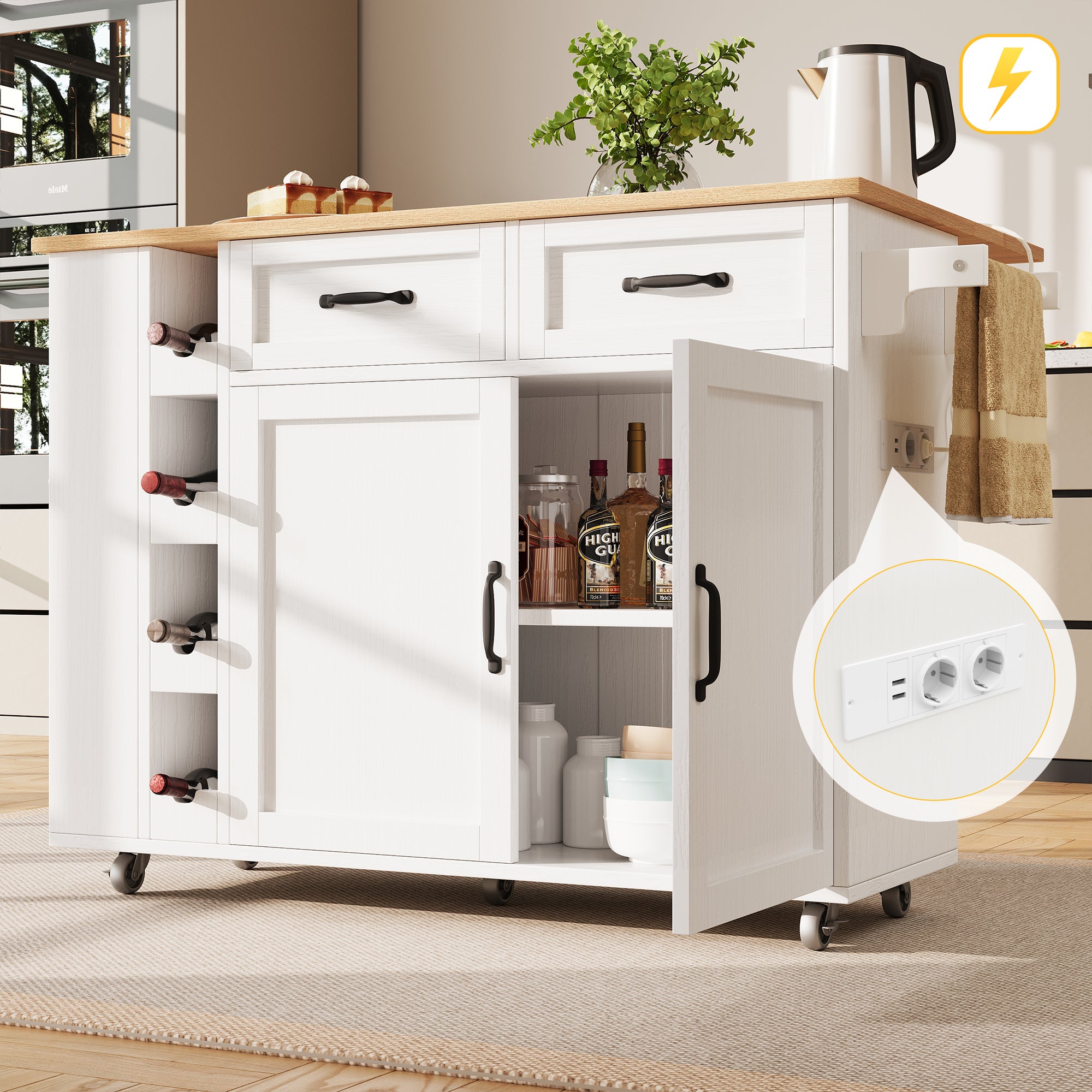 Isla de cocina blanca con acabado de veta de madera. carrito de servicio extraíble equipado con regleta y botellero.