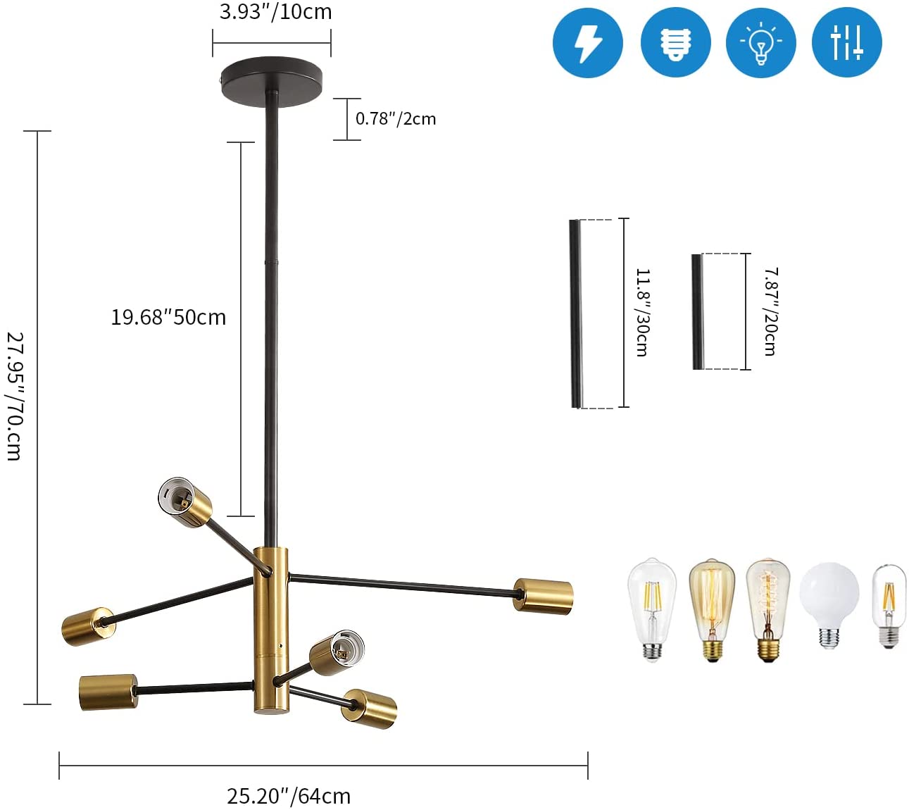 GOECO Lustre Industriel Suspension Vintage, Noir+Or, Réglable 180°, E27, Sans Ampoules, pour Salon chambre salle à manger - 6 lumières - 5