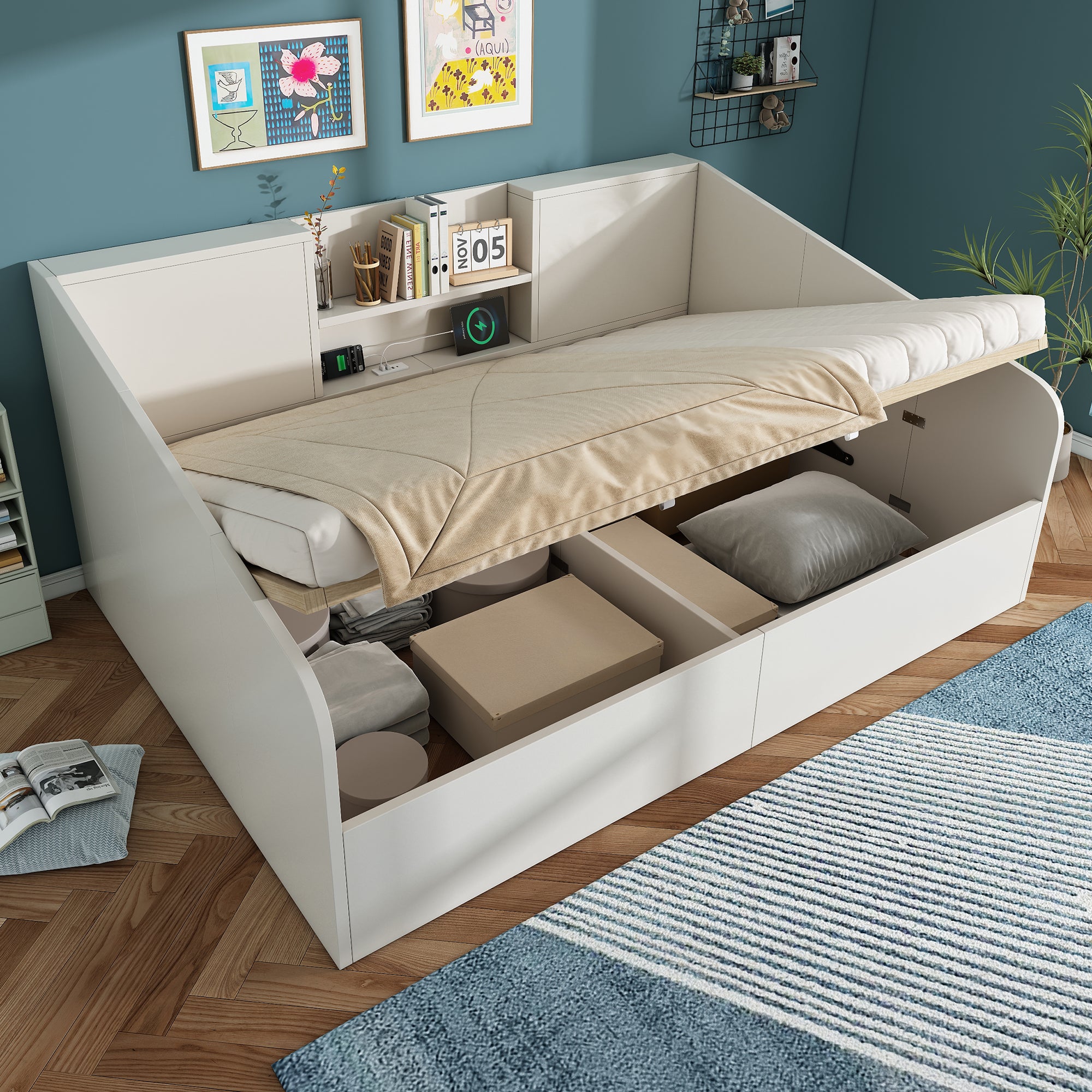 Łóżko z pojemnikiem 140 x 190 cm i 2 półkami – sosna + płyta wiórowa – porty ładowania USB/typu C – białe (materac nie jest dołączony) - 9
