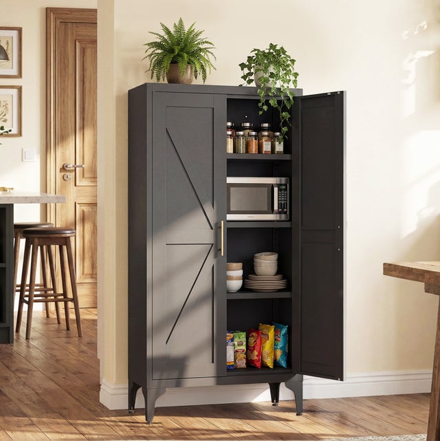 Armoire de rangement haute en métal 60x30x120 cm noire, 2 portes, 3 étagères réglables, poignées dorées, magnétique, anti-rayures