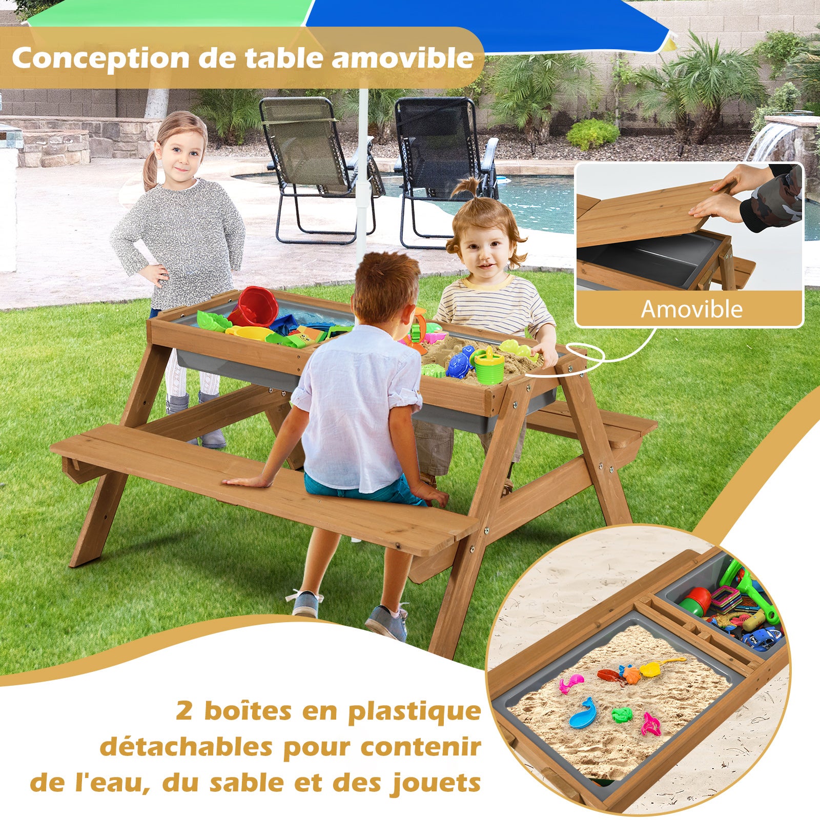 3 en 1 Table de Pique-Nique Enfants avec Parasol et Plateau Amovible, 2 Boîtes pour Sable & Eau pour 4 Enfants de 3-7 Ans, Charge 50kg (Bleu+Jaune) - 6