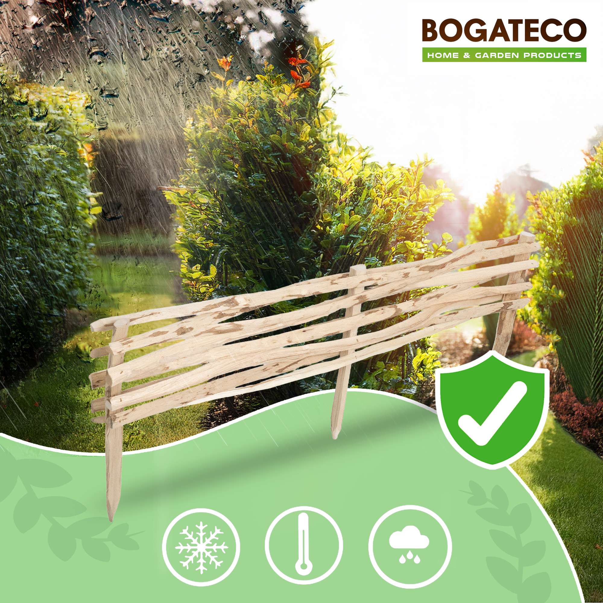 BOGATECO Lot de 3 Bordures de Jardin en Noisetier Naturel - Longueur 120 cm - Hauteur 20 cm - Clôture à Planter - Support de Parterre en Bois - 4
