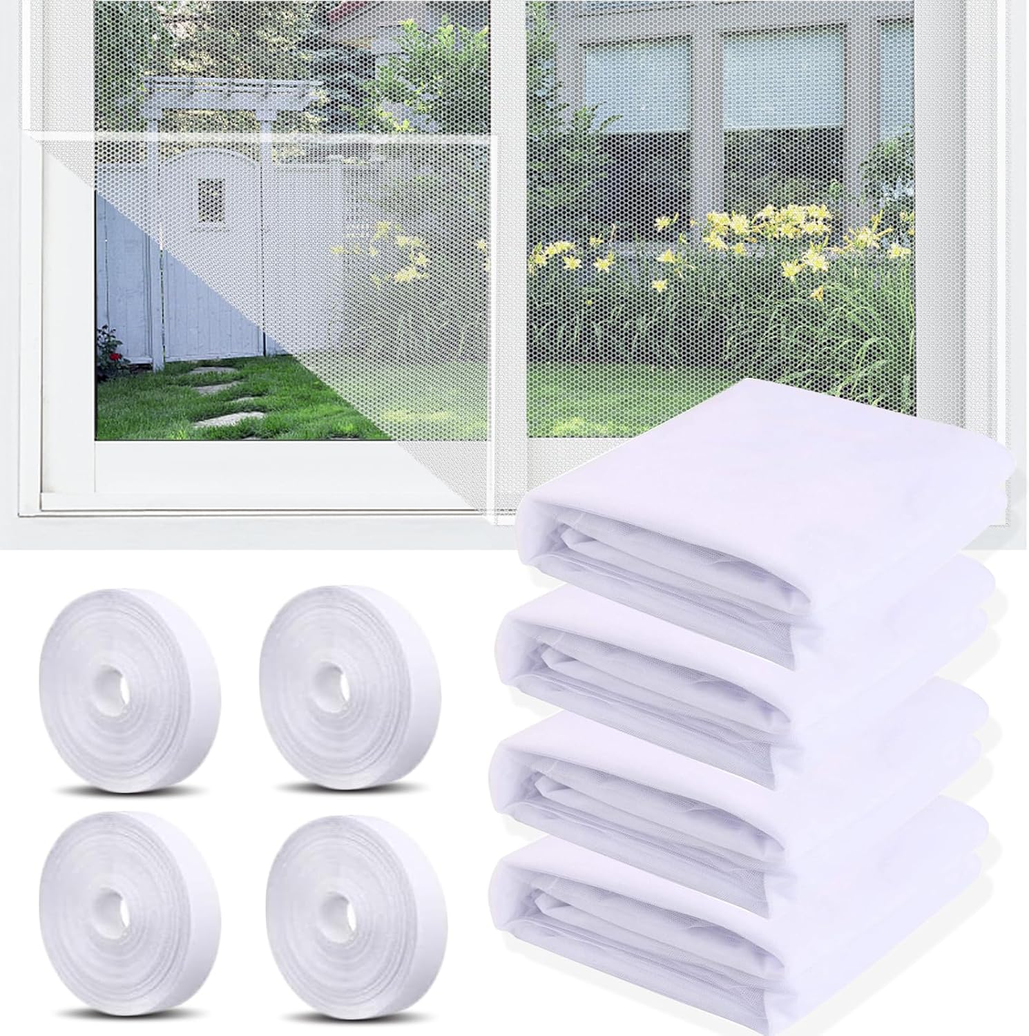 4 moskitiery okienne, 130x150 cm, samoprzylepna moskitiera z 4 rolkami taśmy samoprzylepnej, uniwersalna moskitiera chroniąca przed owadami (biała)