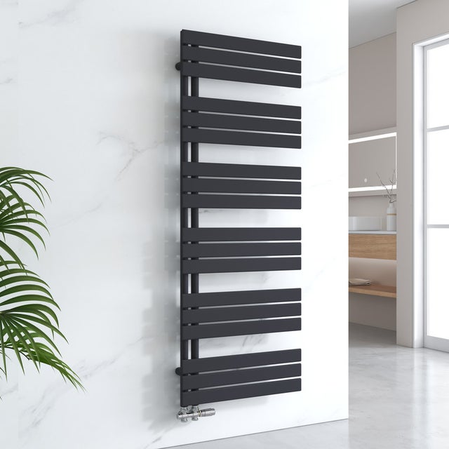 EMKE Asciugatore ad acqua calda a pannello piatto, connessione laterale per asciugamani, nero 1599x600mm 958Watts