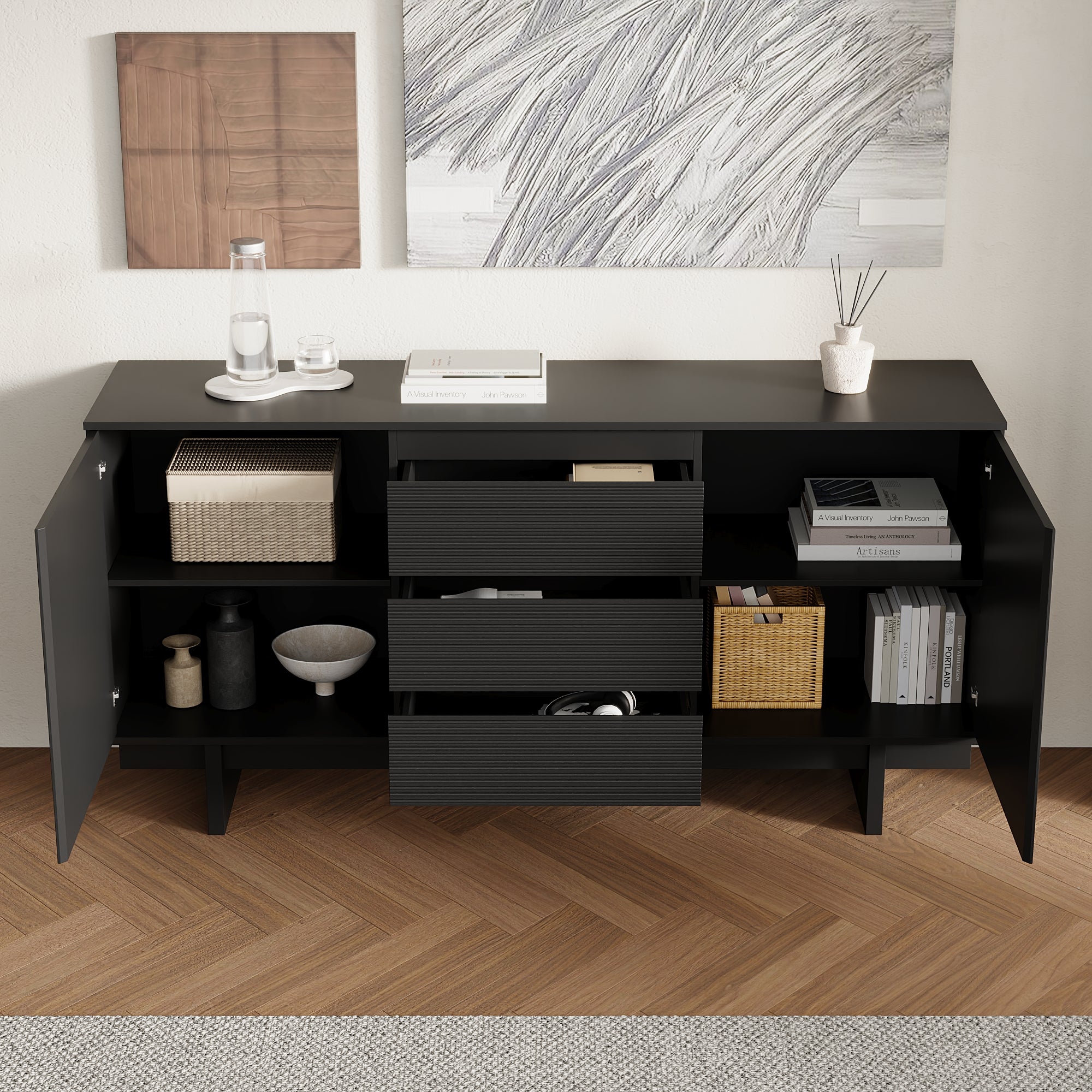 Buffet de Salon avec 2 Portes et 3 Tiroirs, Meuble de Rangement de Chambre avec Etagères Réglables, 160x40x80, Noir - 7