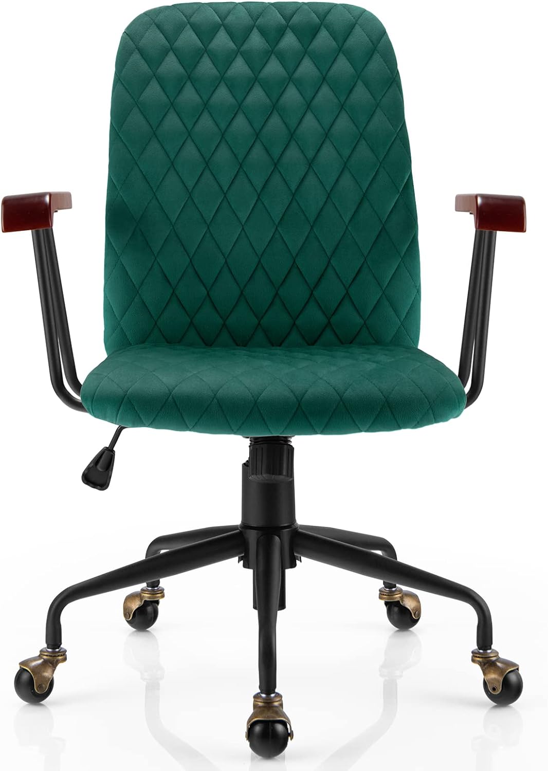 GYMAX Sedia Da Ufficio Vintage In Velluto Verde – Ergonomica Con Schienale E Braccioli In Legno Di Gomma, Girevole E Regolabile In Altezza