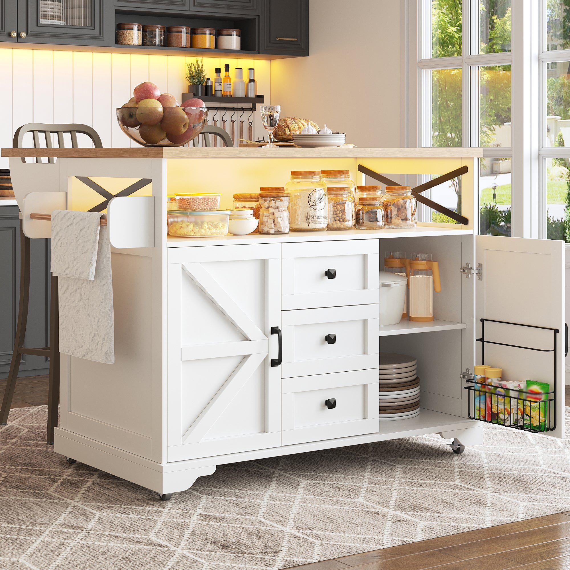 Ilot central de cuisine avec Table Rabattable - 120x43-71x98 cm, Buffet d'Îlot avec LED et Rangements,Buffet de cuisine avec Porte-Snacks et 3 Tiroirs - 2