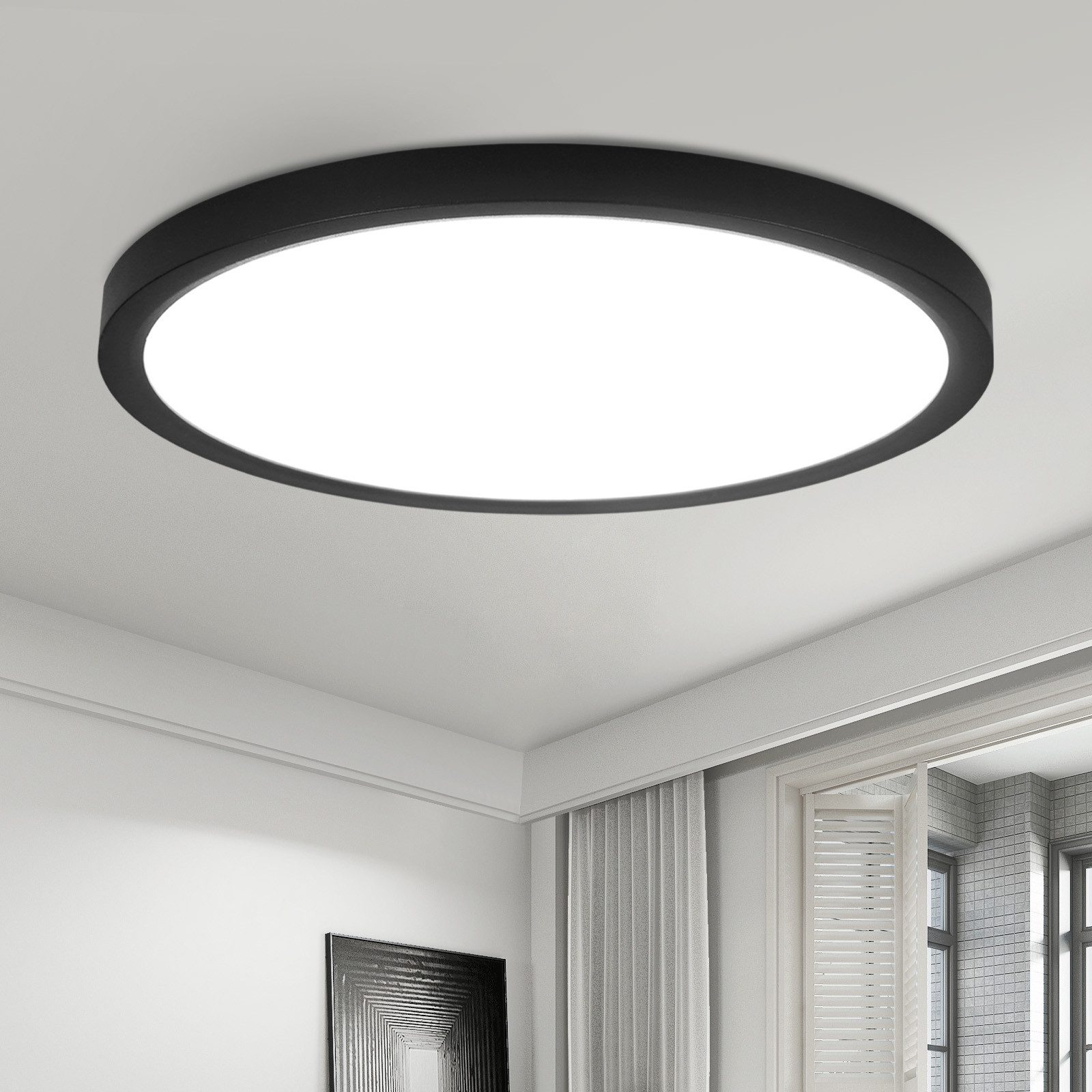 NETTLIFE Płaska lampa sufitowa LED 30 cm - 24 W, Czarny, 6000 K - Nowoczesne oświetlenie do kuchni, przedpokoju, sypialni