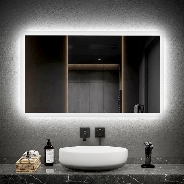 EMKE Lustro łazienkowe z oświetleniem LED 100x60 cm, z Przeciwmgielne, przełącznikiem przyciskowym, Lustro z zimnym/ciepłym białym podświetleniem