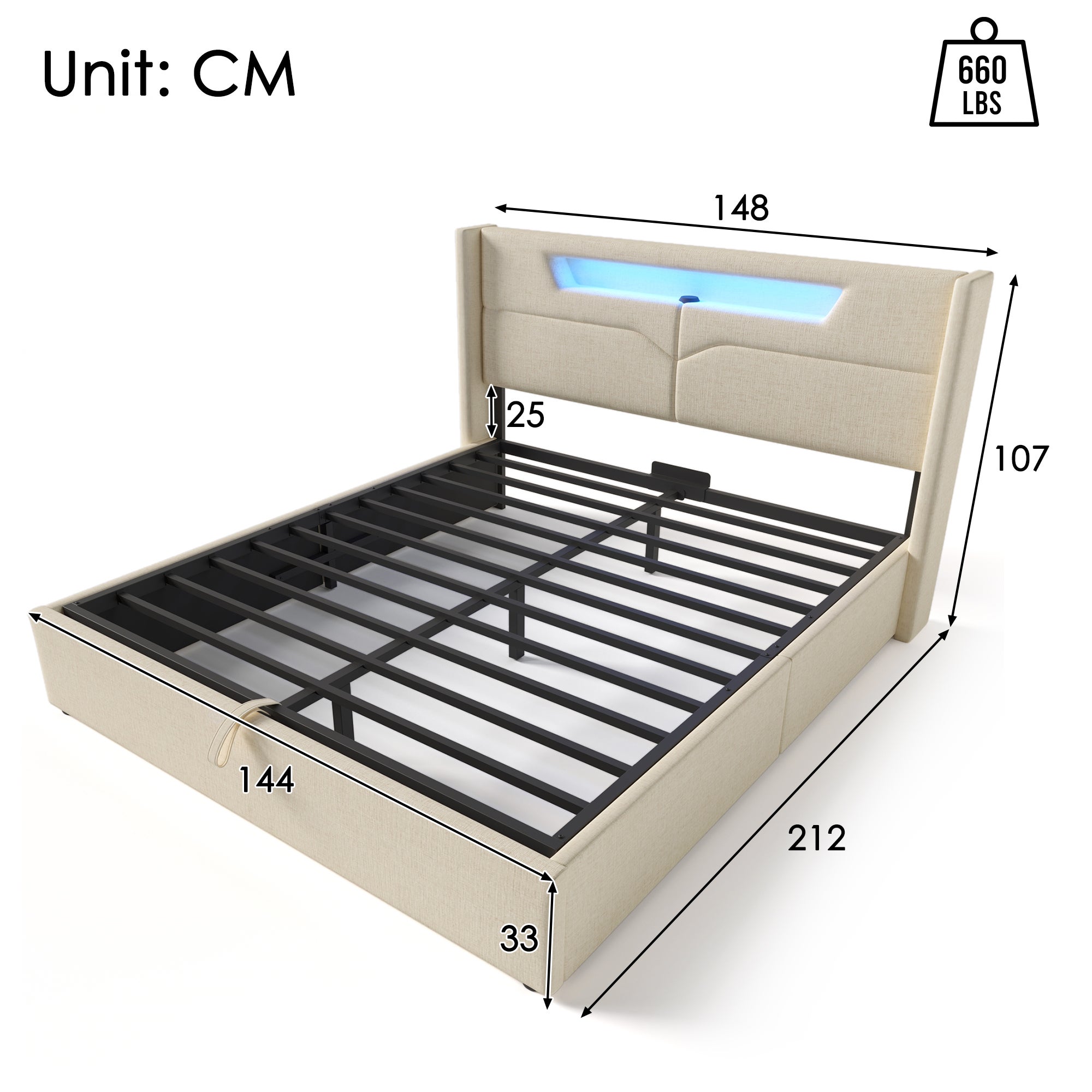Cama contenedor para adultos 140 x 200 cm con cabecero - USB + Tipo C + LED - tejido de lino - beige - 4